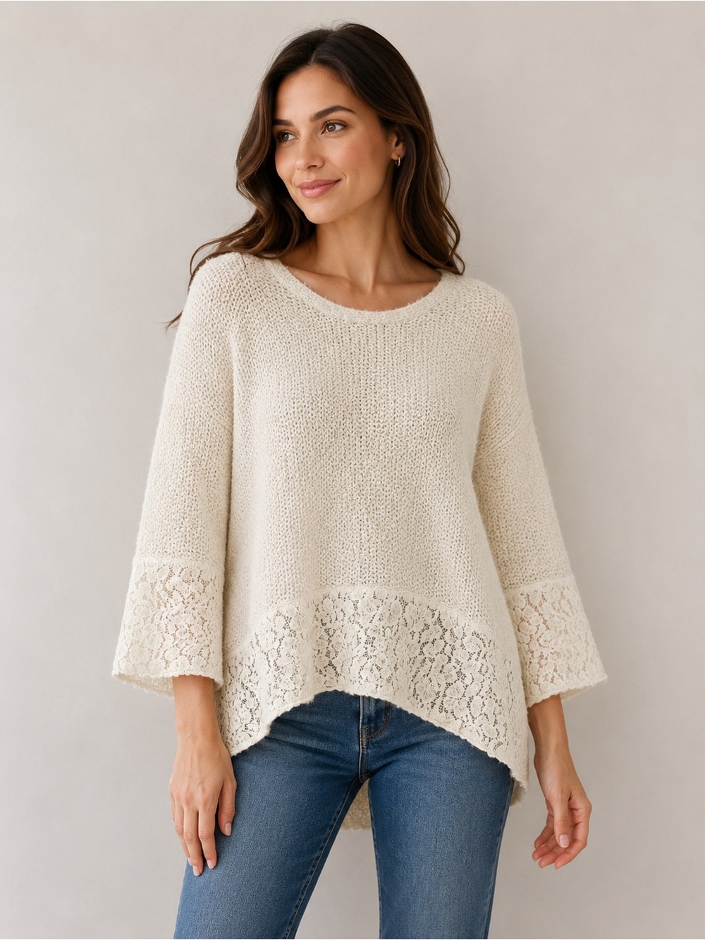 Chico’s Size M  Ivory Wool Blend Lace Trim Tunic Sweater Bell Sleeve